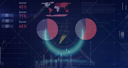 Animation of neon round shape over thunderbolt symbol against statistical data processing