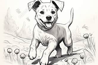Black white Sketch Drawing dog outline illustration coloring book page coloring card kids adults