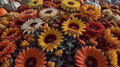 Fall flowers and pumpkins on desk composition. AI generated video