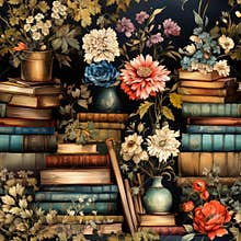 seamless pattern with old books and flowers.pattern for fabric or wallpaper