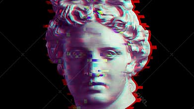 Modern creative concept video 4K with colored graphic sculpture. GIF animation with antique statue head in glitch style