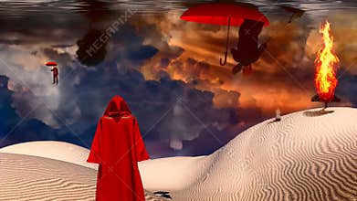 Figure in red cloak stands in desert