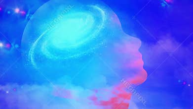 Universal mind. Galaxy inside transparent human head