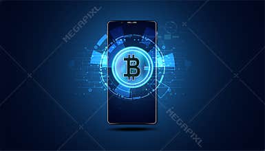 Phone with bitcoins in the phone is the concept of accessing Bitcoin Financial technology use