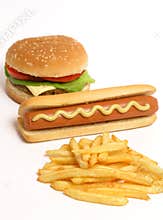 Hamburger, hot dog and french fries
