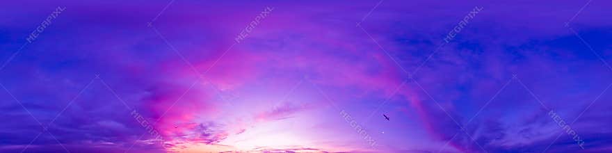 Dark blue magenta sunset sky panorama with pink Cumulus clouds. Seamless hdr 360 pano in spherical equirectangular