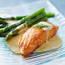Salmon and asparagus close up