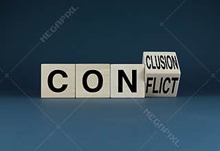 Conflict or Conclusion. The cubes form the words Conflict or Conclusion