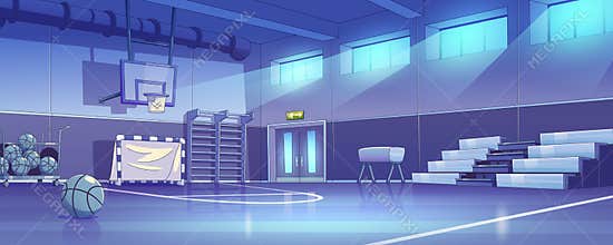 School gymnasium, sport gym interior at night
