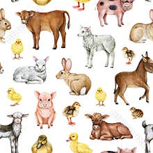 Farm animals seamless pattern. Watercolor illustration. Hand drawn bunny, pig, cow, chicks, donkey, goat domestic