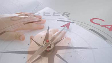 Animation of compass with text over caucasian child reading braille