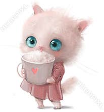cute little kitten girl with coffee cup