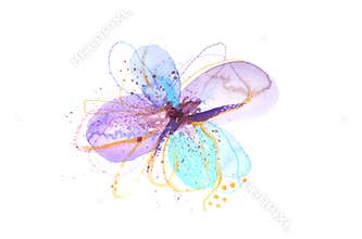 Abstract texture Watercolor flower with drops and doodle gold line elements on white background