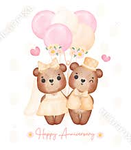Watercolour cute two couple brown teddy bears in wedding groom and bride hold hand, Valentine cartoon character hand drawing
