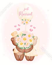 Watercolour cute two couple Wedding brown teddy bears in groom and bride kissing behind flowers bouquet, Mr. and Mrs., cartoon