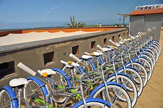 Lima, Peru -: Bicycles for rent next to the Larcomar shopping center at the Miraflores district