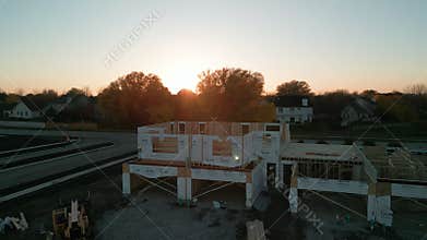 Aerial wide view the a new house under construction wood framing beams at sunny day. Naperville IL. 28 October 2022