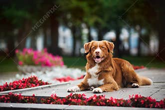 Golden retriever Toller dog lies in the colors