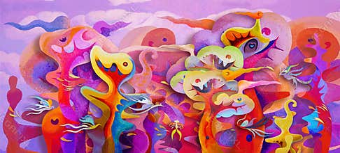 Oil painting surreal forest fantasy, Abstract colorful wallpaper illustration oil paintings