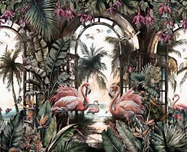 tropical pattern wallpaper leaf with flamingo birds in beach with arch background