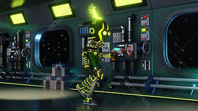 3D alien with blaster is walking down corridor of space station