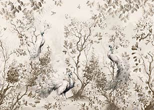 pattern wallpaper with white peacock background with trees plants and birds in a vintage white