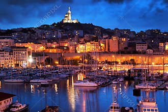 Marseille, France panorama at night.