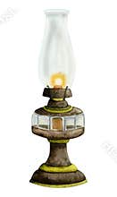 Watercolor vintage kerosene lamp made of wood, metal and glass illustration. Old lantern clipart for travel journals
