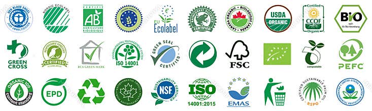 Kiev, Ukraine - March 12, 2023: Set eco logos certified company. BIO, Nordic Ecolabel, Certifie Agriculture Biologique, Rainforest
