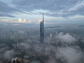Aerial view of Merdeka 118 during morning low cloud