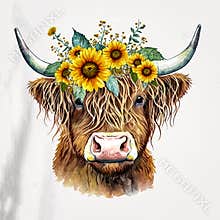 Majestic Highland Cow with Sunflowers: A Picturesque Countryside Scene AI Generated