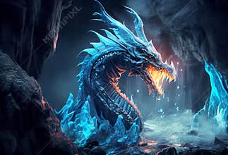 an icy dragon in a damp dark cave. angry lizard breathing fire.