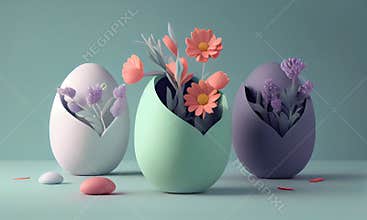 Easter eggs with flowers on a turquoise background, happy easter concept. Generative AI