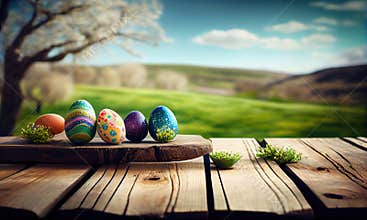 Easter eggs on wooden table with copy space on spring landscape background, happy easter concept. Generative AI