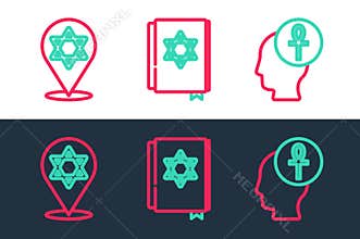 Set line Cross ankh, Star of David and Jewish torah book icon. Vector