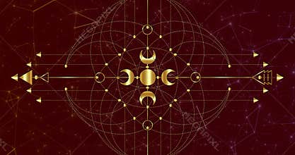 Video animation golden Sacred Geometry, mystical cross arrows and crescent moon, gold mandala boho style, wiccan icon