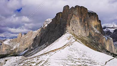 Sella Pass, Italy. Breathtaking snowy scenics Dolomite Alps, with mount Sella Towers, landscape of Sudtirol.