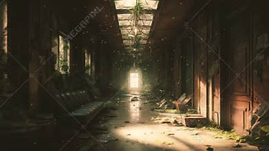 First-person view of a character moving slowly down a dark and eerie corridor in an abandoned building
