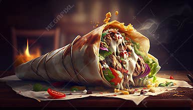 Tasty Doner Kebab Shawarma Roll Wrap Illustration. Generative AI Food