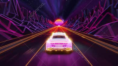 Fake gameplay of a synthwave seamless car driving animation in retro-futuristic location. 3D Rendering animated VJ loop