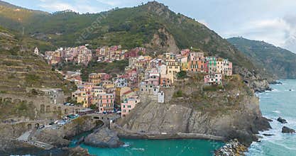 Aerial Hyperlapse of Manarola Colorful Cliffside Town of Cinque Terre, Italy.