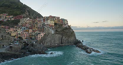 Aerial Hyperlapse of Manarola Colorful Cliffside Town of Cinque Terre, Italy.