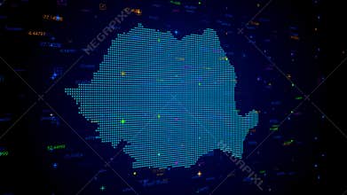 Blue Colorful Shiny Digital Technology Hud Dots Mosaic Grid Romania Map Perspective View With Numeric Tech Particles