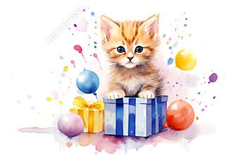 Cute Kitten with Colorful Balloons and Presents Isolated on White Watercolor Illustration