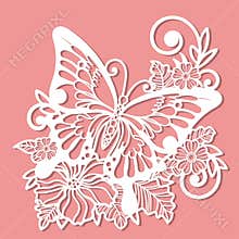 Butterfly with flowers. Template for laser cutting. Vector