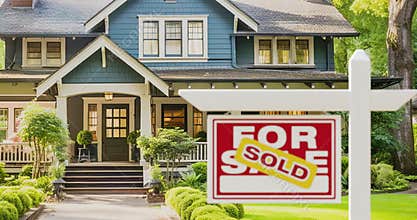 Pan and Zoom of Sold For Sale Real Estate Sign in Front of New House. Generative AI image used.