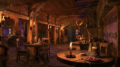 Wooden tables with food and drink in a fantasy medieval tavern, lit by flickering candlelight. Animation