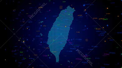 Blue Colorful Shiny Digital Technology Hud Dots Mosaic Grid Taiwan Map Perspective View With Numeric Tech Particles
