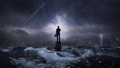 The businessman stands in the middle of a stormy ocean. The concept of a world crisis of business problems and