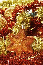 Christmas star, balls and tinsel